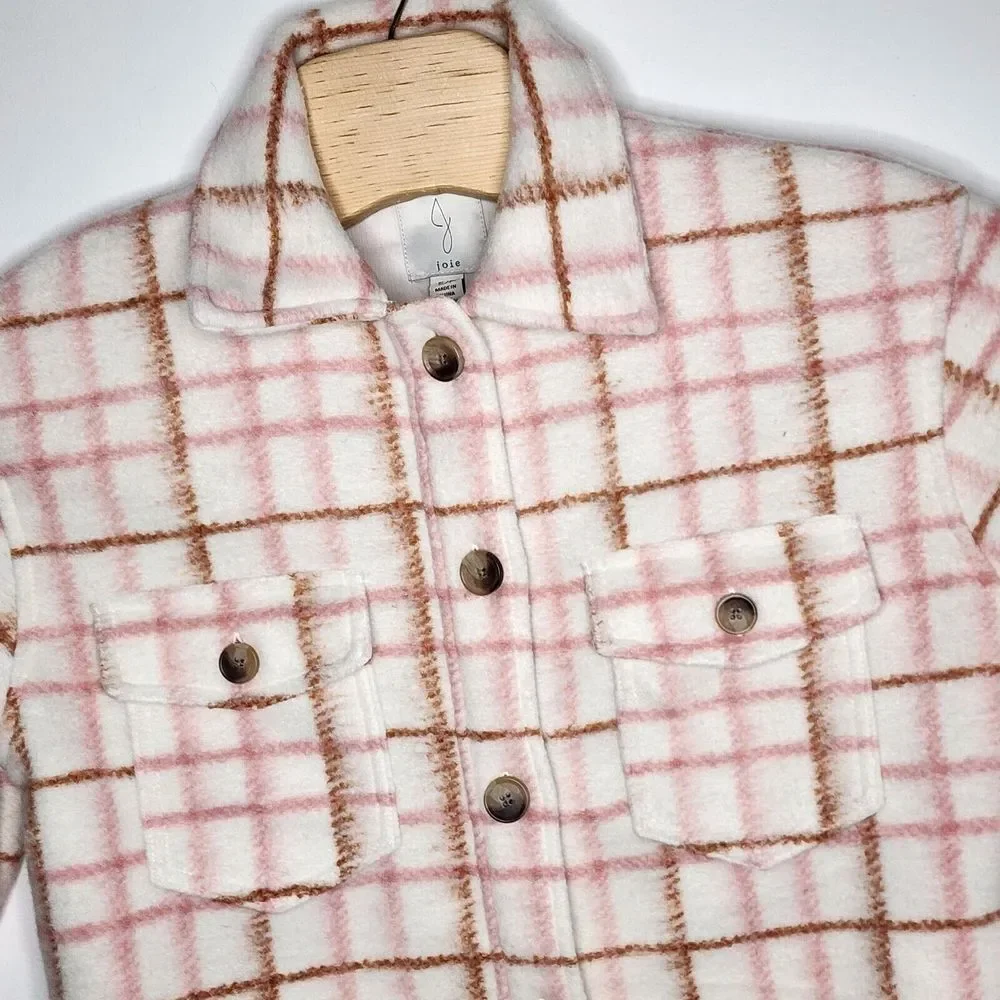 Joie‎ Women's Plaid Jacket Button Up Long Shacket In Pink White Size S/P READ